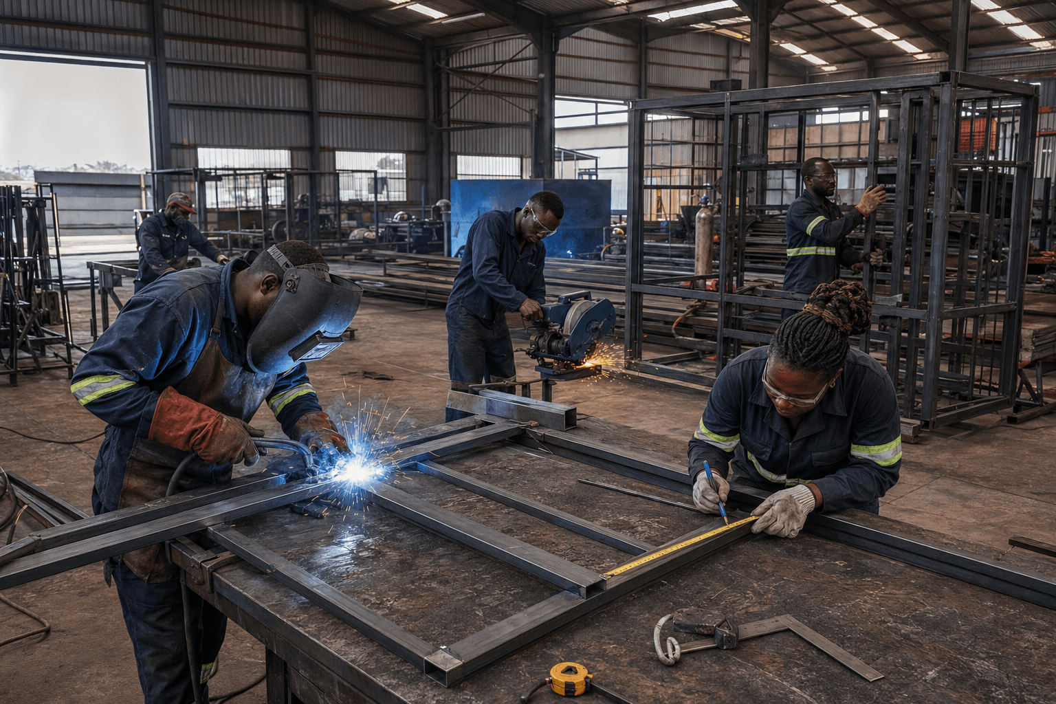 Metal fabrication workshop welding a steel mounting frame