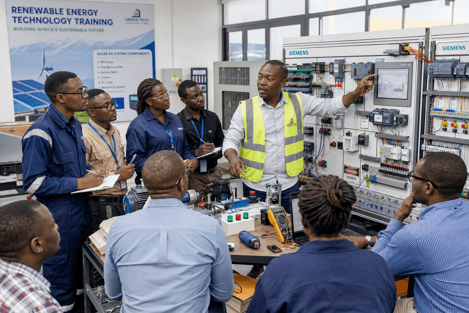Trainees working on solar equipment during a practical session