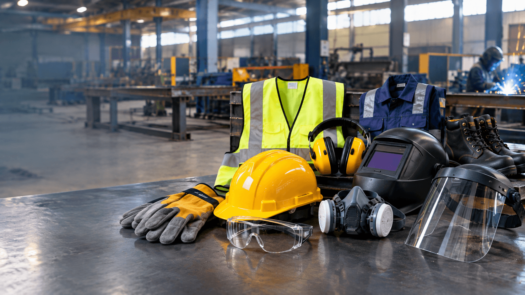 Factory workers in full personal protective equipment on site